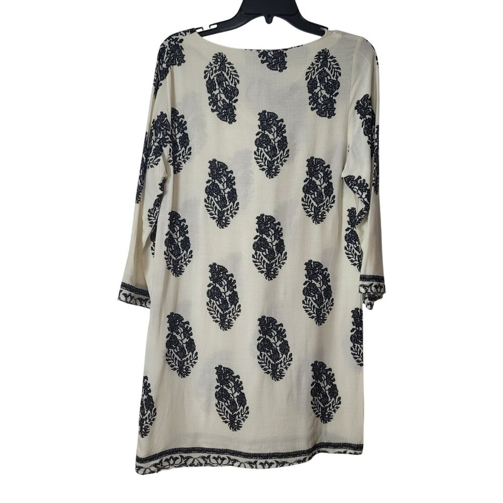 Boho-Inspired Cream & Black Tunic Dress With Tassel Tie Neckline And 3/4 Sleeves - Picture 8 of 12